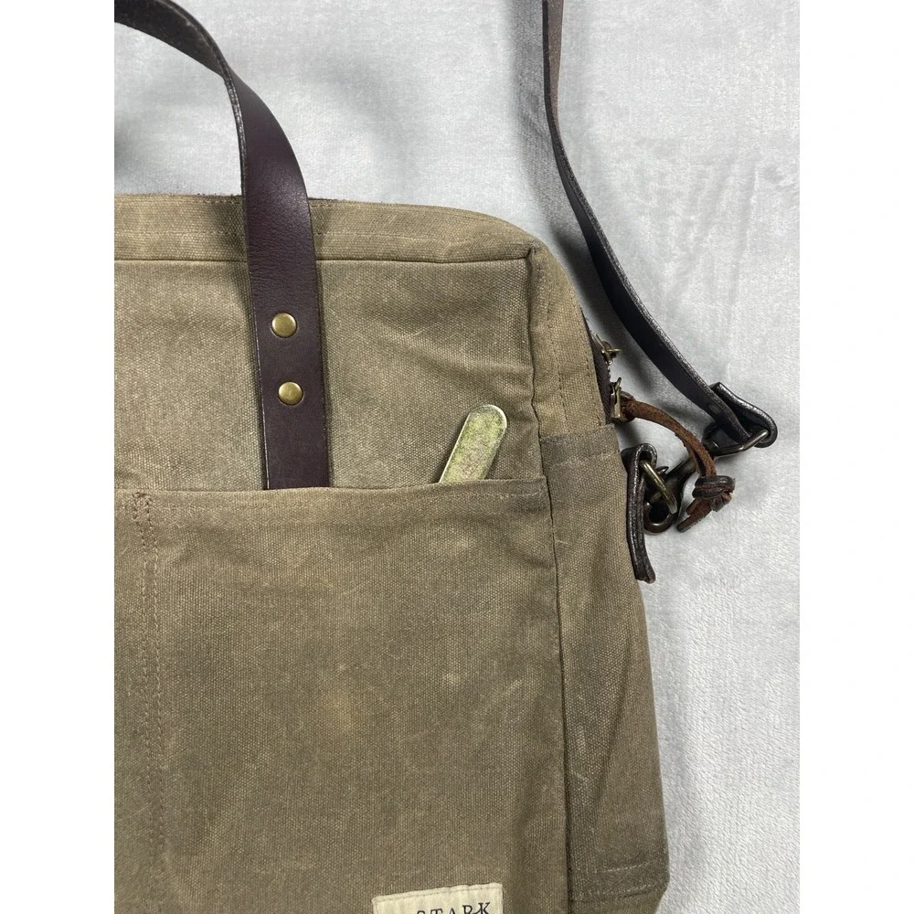 J. Stark Waxed Canvas Briefcase Messenger Bag Olive Brown Leather Strap USA